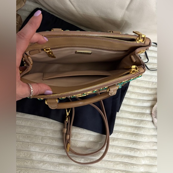 Prada Beige Saffiano Satchel with Turquoise Crystal Studs - Picture 12 of 16